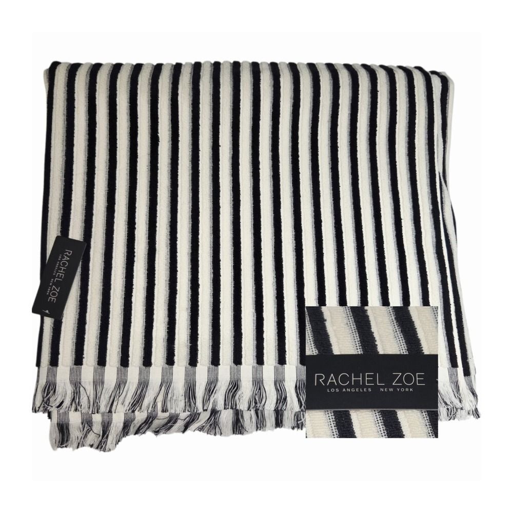 Rachel Zoe Cream Black Striped Fringe Oversized Beach Towel 40x70 Spring Summer